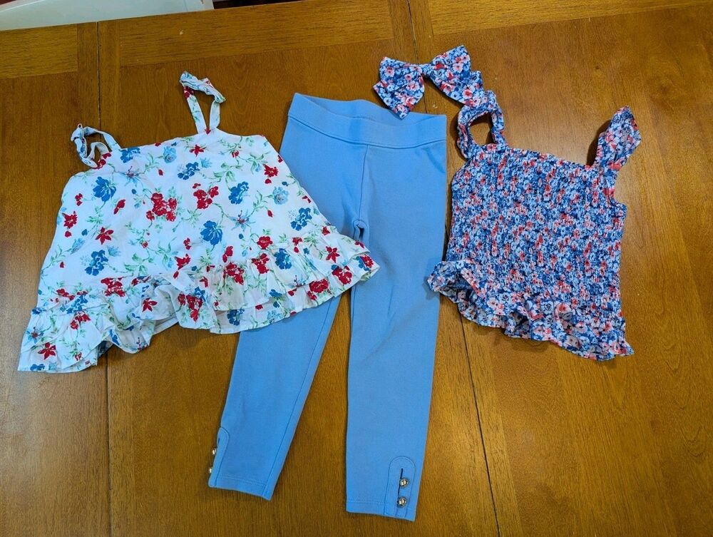 Janie & Jack Girls Floral Outfit Lot Smocked Tops + Leggings + Bow Blue 4T